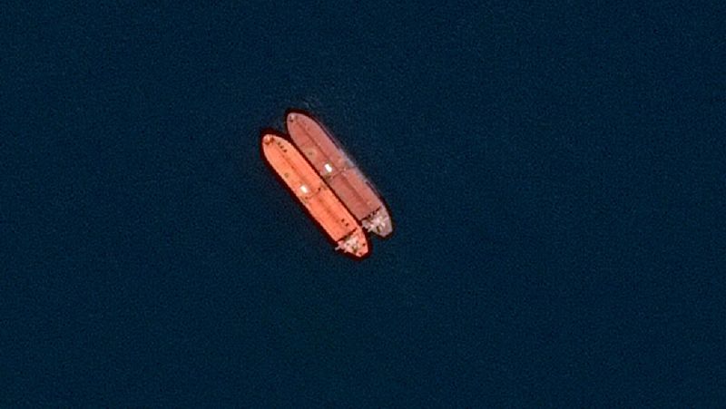 A satellite image of side-by-side ships at sea, off the coast of Sohar, Oman, June 9, 2026.  SPOT © CNES 2026, Distribution Airbus DS/Handout via REUTERS