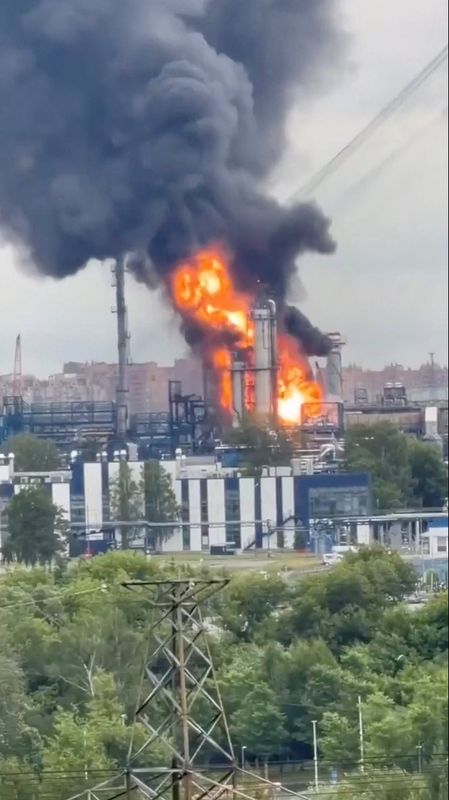 Flames and smoke rise from a facility at an oil refinery following a Ukrainian drone attack, in Moscow, Russia, June 16, 2026, in this screen grab taken from a social media video. Social Media/via REUTERS