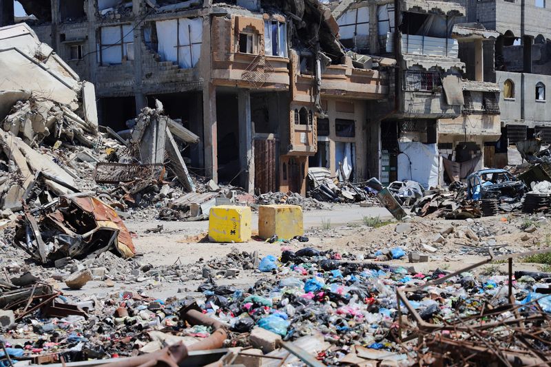 Yellow concrete blocks mark the “yellow zone”under Israeli military control, as seen from Al-Tuffah in Gaza City, June 15, 2026. REUTERS/Ebrahim Hajjaj