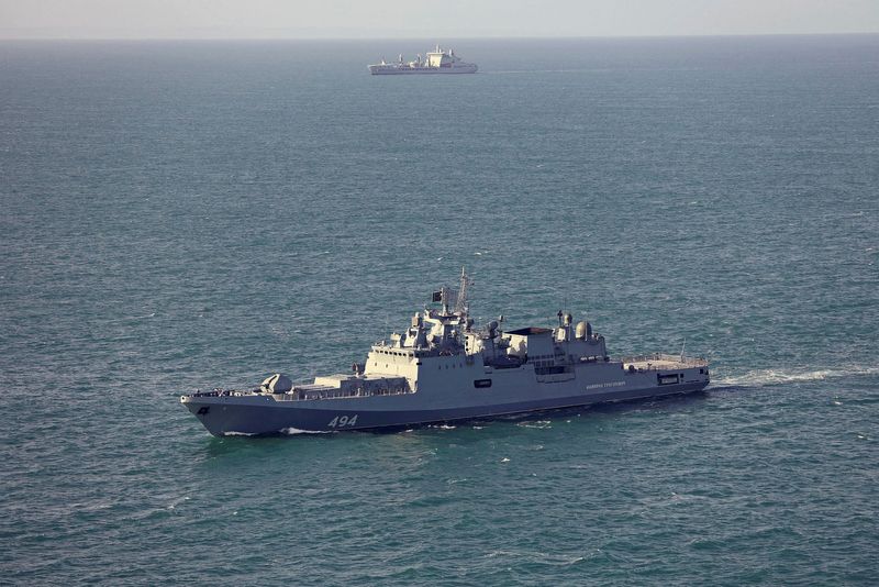 RFA Tideforce, as seen in the background, monitors the Russian frigate Admiral Grigorovich in an unknown location in this handout image dated June 4, 2026 . UK MOD © Crown copyright 2026/Royal Navy/Handout via REUTERS