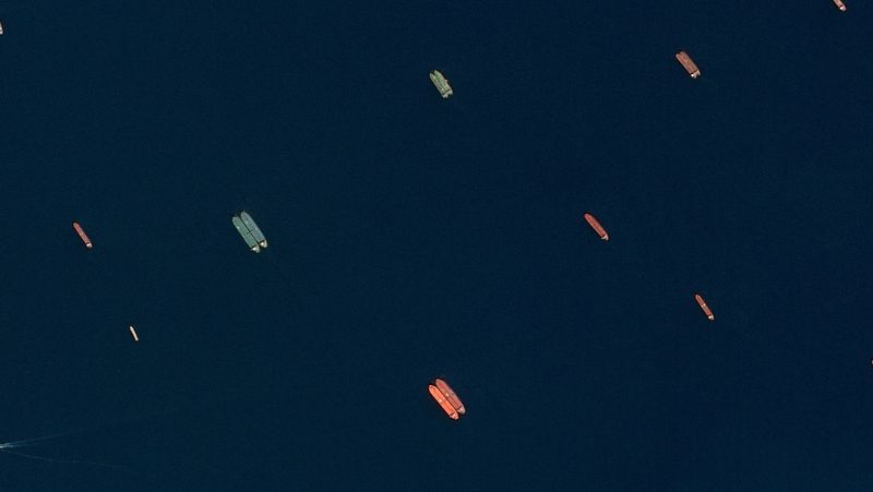 A satellite image of side-by-side ships at sea, off the coast of Sohar, Oman, June 9, 2026.  SPOT © CNES 2026, Distribution Airbus DS/Handout via REUTERS