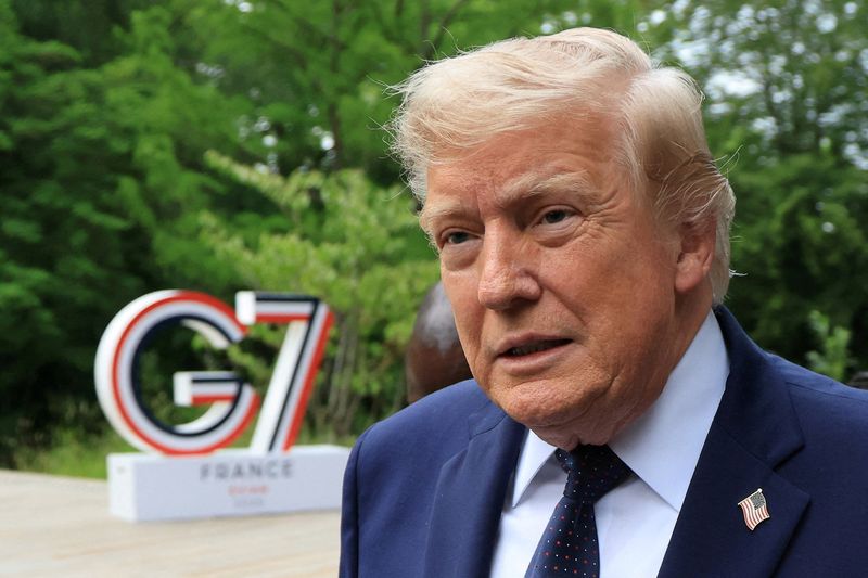 FILE PHOTO: U.S. President Donald Trump arrives to attend a musical interlude before a gala dinner as part of the G7 summit in Evian-les-Bains, France, June 16, 2026. Ludovic Marin/Pool via REUTERS/File Photo