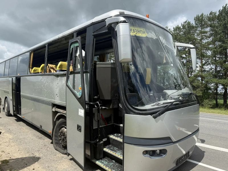 A view of a bus which, according to local authorities, was attacked by a Ukrainian drone whilst carrying children from a Belarusian youth football team, in the Bryansk Region, Russia June 17, 2026. Acting Governor of the Bryansk region Yegor Kovalchuk/Handout via REUTERS