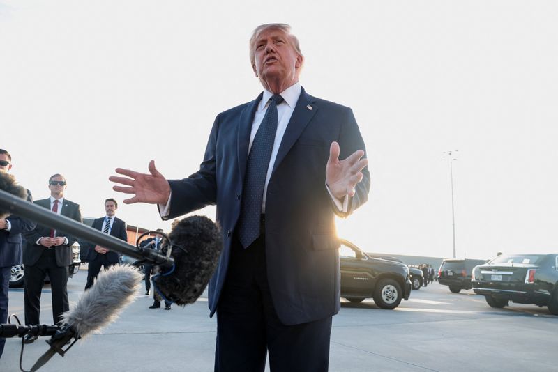 U.S. President Donald Trump speaks to the media upon arrival at Paris Orly airport, following the G7 Summit, in Orly, France, June 17, 2026. REUTERS/Evelyn Hockstein