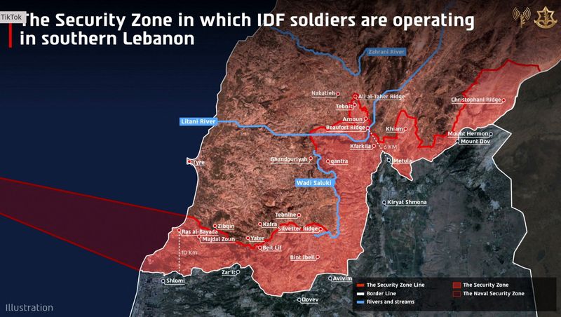 A map published by the Israeli army-IDF, indicates the Security zone in which IDF soldiers are operating in southern Lebanon in this handout illustration obtained by Reuters on June 18, 2026 Israel Defense Forces/Handout via REUTERS