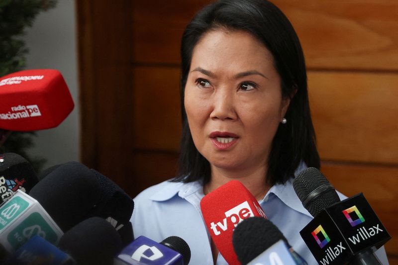 FILE PHOTO: Conservative presidential candidate Keiko Fujimori addresses the media in Lima, Peru, June 9, 2026. REUTERS/Alessandro Cinque/File Photo