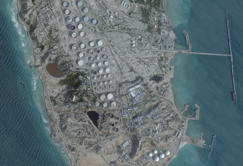 FILE PHOTO: A satellite image shows an oil terminal at Kharg Island, Iran, February 25, 2026. 2026 Planet Labs PBC/Handout via REUTERS/File Photo
