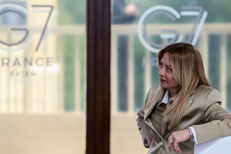Italian Prime Minister Giorgia Meloni attends a working lunch with leaders of G7 and the Middle East, in Evian-les-Bains, France, June 16, 2026. REUTERS/Evelyn Hockstein/Pool