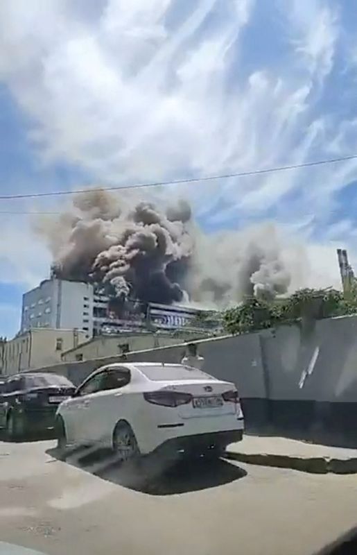 Smoke billows from a production plant following a Ukrainian attack, according the local governor, in the course of Russia-Ukraine conflict, in Voronzeh, Russia June 22, 2026 in this screen grab obtained from a social media video. Social Media/via REUTERS.