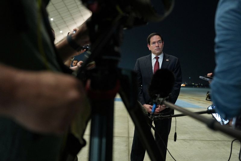 U.S. Secretary of State Marco Rubio speaks to the media upon his arrival at Al Bateen Executive Airport to discuss the interim deal between the U.S. and Iran with Arab Gulf allies, in Abu Dhabi, United Arab Emirates, June 23, 2026. REUTERS/Eric Lee/Pool