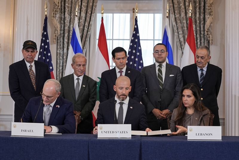 U.S. Secretary of State Marco Rubio looks on as State Department Counselor Daniel Holler, Israel's Ambassador to the U.S. Yechiel Leiter and Lebanon's Ambassador to the U.S. Nada Hamadeh sign a framework agreement between Israel and Lebanon, at the State Department in Washington, D.C., U.S., June 26, 2026. REUTERS/Ken Cedeno
