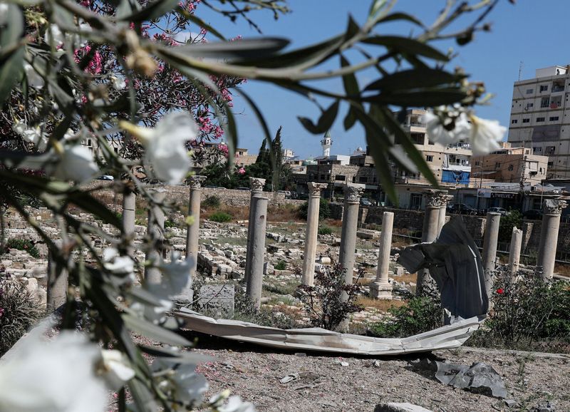 A piece of metal lies at of Al‑Bass Roman ruins, a UNESCO World Heritage site hit by an Israeli airstrike  in Tyre, southern Lebanon June 25, 2026. REUTERS/Zohra Bensemra