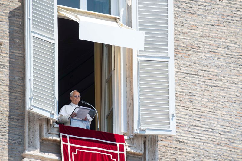 Pope Leo leads the Angelus prayer from a window of the Apostolic Palace at the Vatican, June 28, 2026.   Vatican Media/­Matteo Pernaselci/Handout via REUTERS