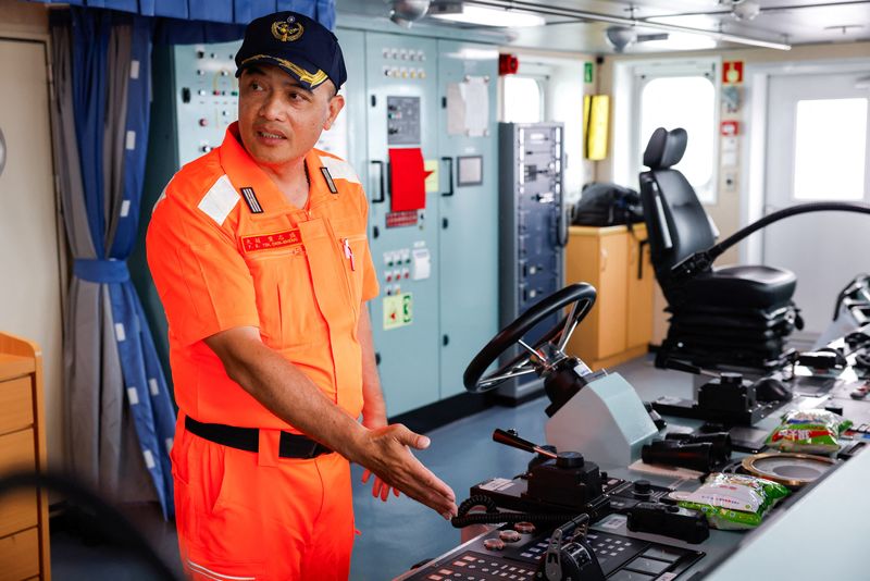 Yeh Chin-sheng, first mate of Taiwan Coast Guard vessel CG1005, gestures aboard the ship while docked at a port in Penghu, Taiwan, June 8, 2026. REUTERS/Ann Wang