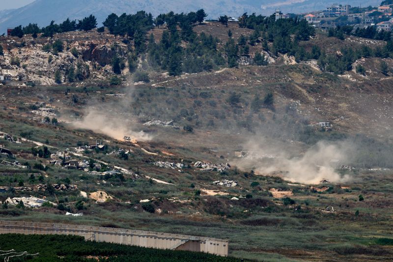 Israeli tanks manoeuvre in Lebanon, after Israel and Lebanon signed a framework agreement following U.S.-mediated talks, as seen from northern Israel, June 27, 2026. REUTERS/Amir Cohen