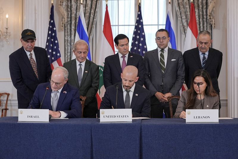 FILE PHOTO: U.S. Secretary of State Marco Rubio looks on as State Department Counselor Daniel Holler, Israel's Ambassador to the U.S. Yechiel Leiter and Lebanon's Ambassador to the U.S. Nada Hamadeh sign a framework agreement between Israel and Lebanon, at the State Department in Washington, D.C., U.S., June 26, 2026. REUTERS/Ken Cedeno/File Photo