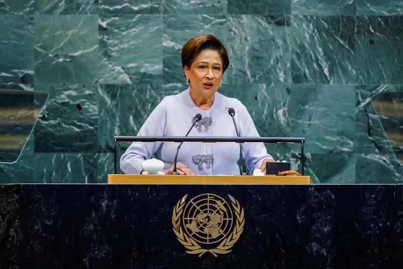 Prime Minister of Trinidad and Tobago Kamla Persad-Bissessar addresses the 80th United Nations General Assembly at U.N. headquarters in New York, U.S., September 26, 2025. REUTERS/Eduardo Munoz