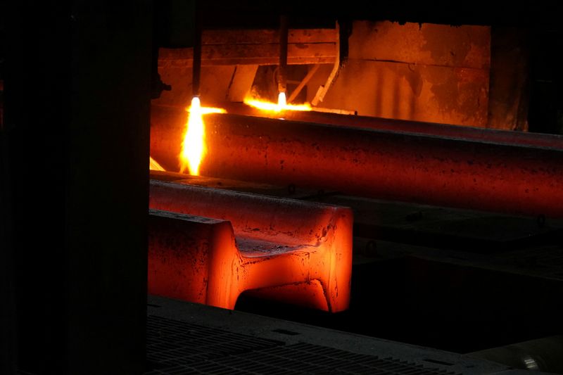 FILE PHOTO: Steel is processed at a Nucor steel factory in Blytheville, Arkansas, U.S., March 28, 2025.  REUTERS/Karen Pulfer Focht/File Photo