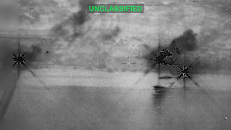 Smoke rises at an unknown location following what the U.S. Central Command says is a new wave of strikes against Iran on Tuesday after three tankers were hit by projectiles in the Strait of Hormuz, in this still image taken from video released July 7, 2026.    U.S. Central Command/Handout via REUTERS