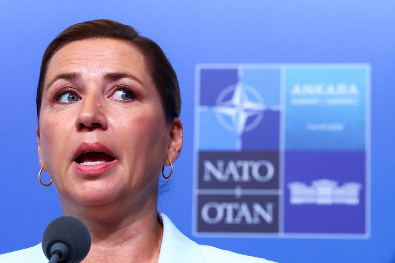 Denmark's Prime Minister Mette Frederiksen speaks during a doorstep at the NATO leaders' summit in Ankara, Turkey, July 8, 2026. REUTERS/Yves Herman