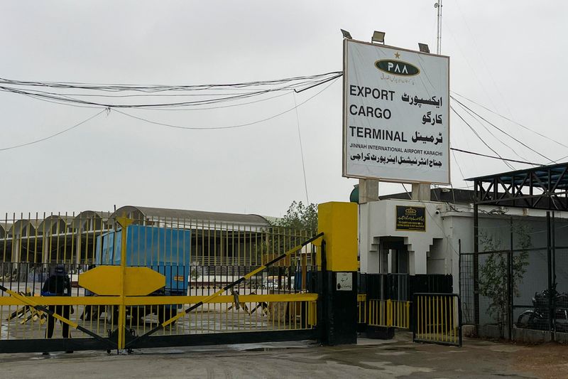 The Cargo Complex entrance at Jinnah International Airport, following reports of a missing cargo plane, in Karachi, Pakistan, July 8, 2026. Picture is taken with a mobile phone. REUTERS/Akhtar Soomro