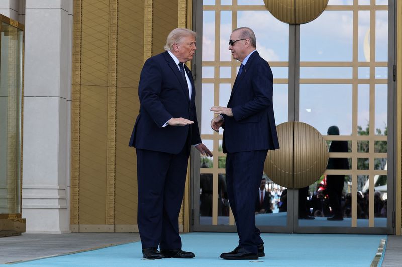 U.S. President Donald Trump and Turkish President Tayyip Erdogan participate in a state arrival ceremony, ahead of a NATO leaders' summit, at the Bestepe Presidential Compound in Ankara, Turkey, July 7, 2026. REUTERS/Umit Bektas