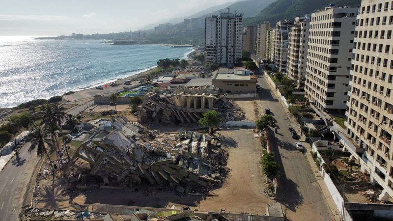 A drone view of the destroyed buildings in the aftermath of the June 24 earthquakes, in Macuto, La Guaira state, Venezuela July 8, 2026. REUTERS/Leonardo Fernandez Viloria