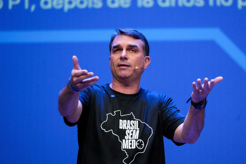 FILE PHOTO: Brazilian Senator Flavio Bolsonaro speaks during an event in Sao Paulo, Brazil, June 18, 2026. REUTERS/Alexandre Meneghini/File Photo