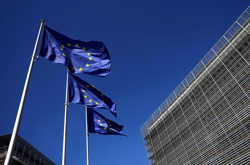 FILE PHOTO: European Union flags flutter outside the European Commission headquarters in Brussels, Belgium April 29, 2026. REUTERS/Yves Herman/File Photo