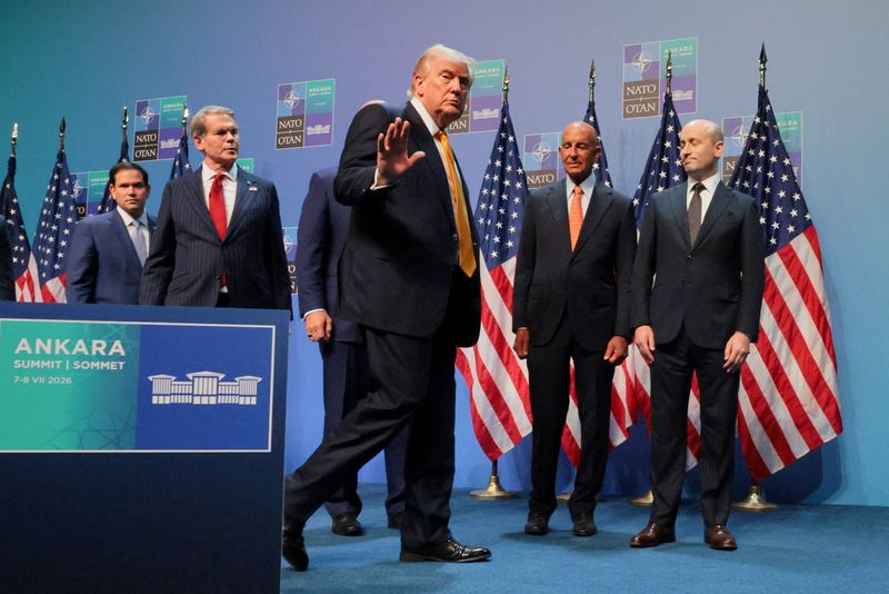 FILE PHOTO: U.S. President Donald Trump leaves after a press conference at the end of his participation in the NATO leaders summit at the Bestepe Presidential Compound in Ankara, Turkey, July 8, 2026. REUTERS/Jonathan Ernst/File Photo