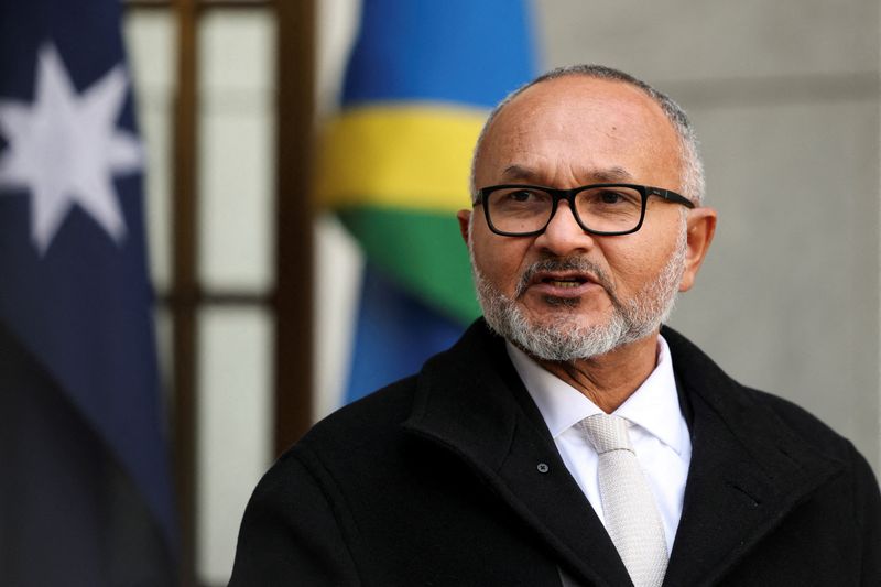 FILE PHOTO: Solomon Islands Prime Minister Matthew Wale speaks during a joint press conference with Australian Prime Minister Anthony Albanese (not pictured), at Parliament House in Canberra, Australia, June 3, 2026. REUTERS/Hollie Adams/File Photo