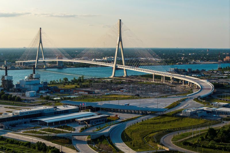 A drone view shows the $4.7 billion Gordie Howe International Bridge, connecting Windsor, Ontario and Detroit, Michigan, ahead of its opening, in Windsor, Ontario, Canada, July 23, 2026.  REUTERS/Carlos Osorio