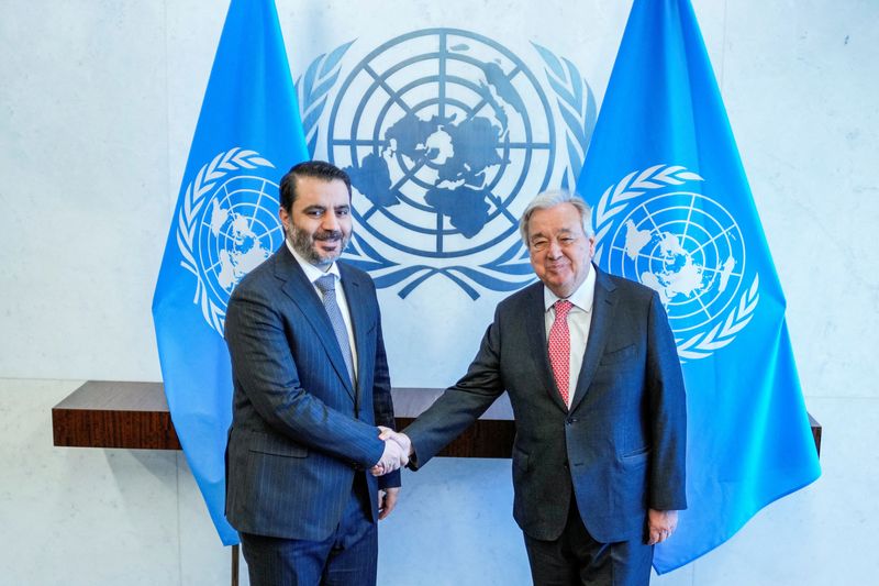 FILE PHOTO: Syrian Foreign Minister Asaad Hassan al-Shaibani shakes hands with United Nations Secretary-General Antonio Guterres at U.N. Headquarters in New York City, U.S., April 28, 2025. REUTERS/Eduardo Munoz/File Photo