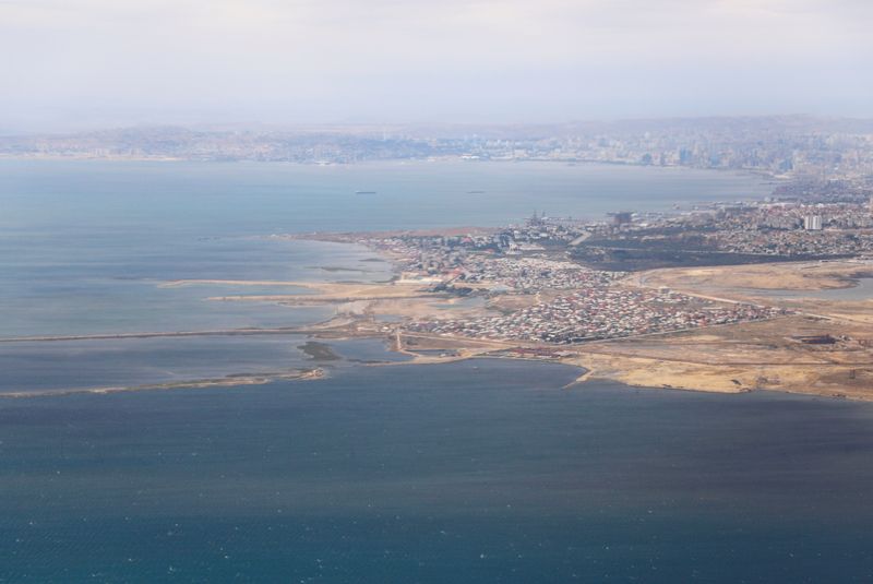 An aerial view of the Caspian Sea near the city of Baku is pictured through the window of an airplane in Baku Azerbaijan May 27, 2019. REUTERS/Amr Abdallah Dalsh