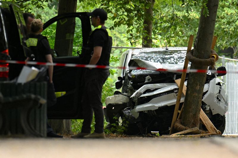 The vehicle which crashed into a crowd near Berlin's annual Christopher Street Day Pride parade on Saturday evening, leaving multiple people injured and the parade called off, in Berlin, Germany, July 26, 2026. REUTERS/Annegret Hilse