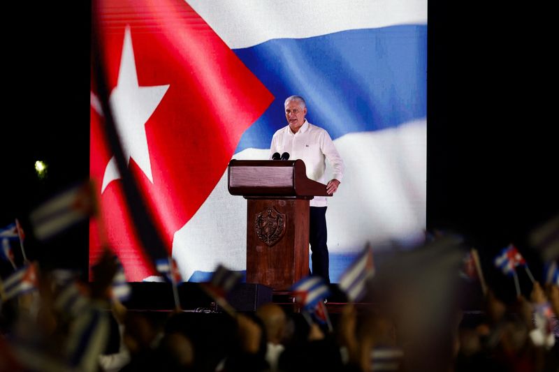 Cuba's President Miguel Diaz-Canel speaks during a ceremony marking National Rebellion Day, which commemorates the start of the 1953 uprising against U.S.-backed dictator Fulgencio Batista that ignited the Cuban Revolution, in Pinar del Rio, Cuba, July 26, 2026. REUTERS/Norlys Perez