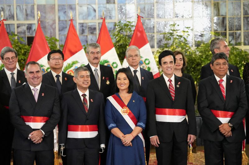 Peru's President Keiko Fujimori poses with her new cabinet members, Peru's Defence Minister Rafael Belaunde, Peru's Economy and Finance Minister Elmer ​Cuba, Peru's Foreign Minister Carlos Espa and Peru's Prime Minister Luis Galarreta, in Lima, Peru, July 28, 2026. REUTERS/Angela Ponce