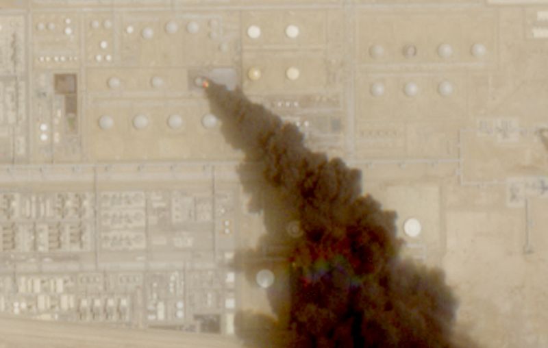 A  satellite image shows trail of smoke rising from an oil facility, in Jizan, Jazan province, Saudi Arabia, July 26, 2026. Yemen's Iran-aligned Houthis said on Saturday, July 25, that they carried out operations targeting Saudi Aramco facilities in Jizan and Yanbu, according to a statement by the group's military spokesperson Yahya Sare. European Union/Copernicus Sentinel-2/Handout via REUTERS
