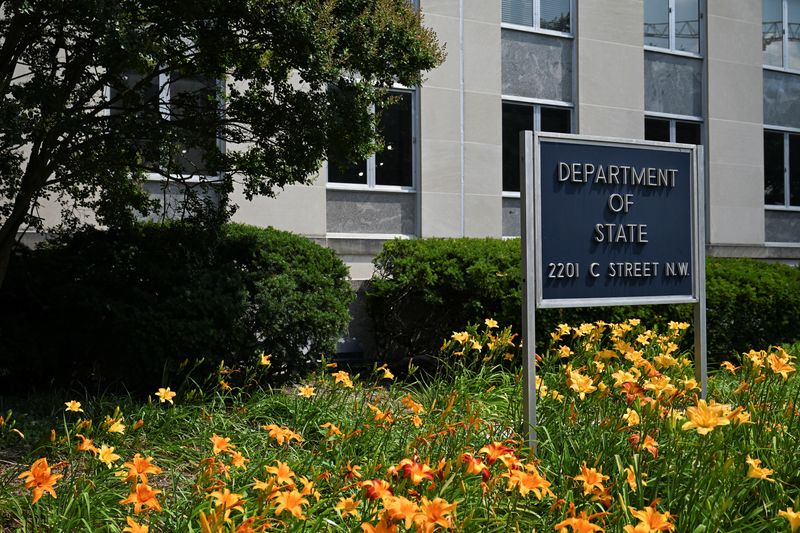 A general view of a U.S. State Department sign outside the U.S. State Department building in Washington, D.C., U.S., July 11, 2025. REUTERS/Annabelle Gordon