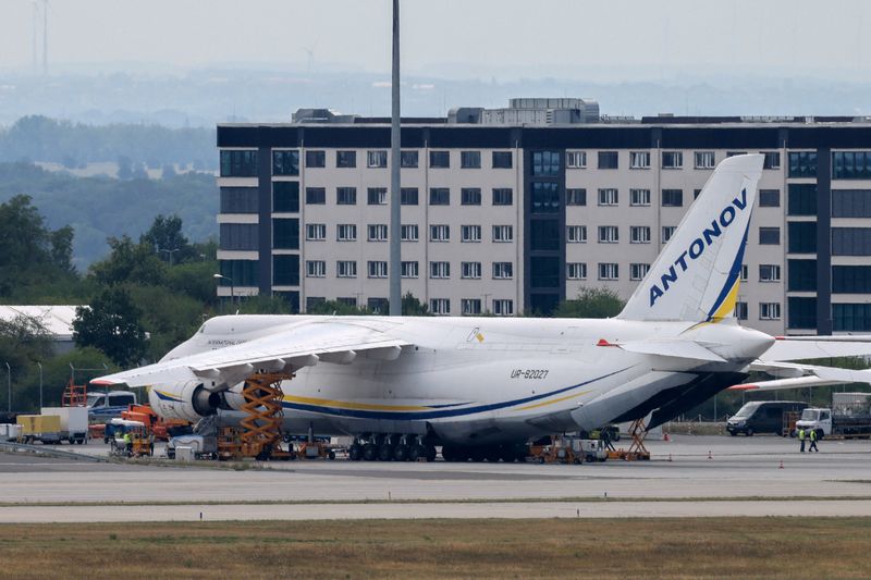 A Ukrainian Antonov cargo plane at Leipzig/Halle Airport in Schkeuditz, Germany, August 5, 2026, after the police said explosives experts examined a drone found near a runway, and after a DHL cargo aircraft hit an unknown object as it was climbing away from the airport overnight, prompting an unscheduled landing in Hanover, according to a source familiar with the incident. REUTERS/Axel Schmidt