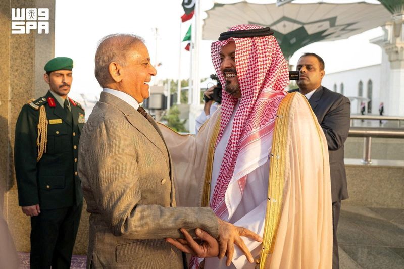 Pakistan's Prime Minister Shehbaz Sharif is received by Deputy Governor of Mecca region, Prince Saud bin Mishaal bin Abdulaziz upon his arrival in Jeddah, Saudi Arabia, August 6, 2026. Saudi Press Agency/Handout via REUTERS