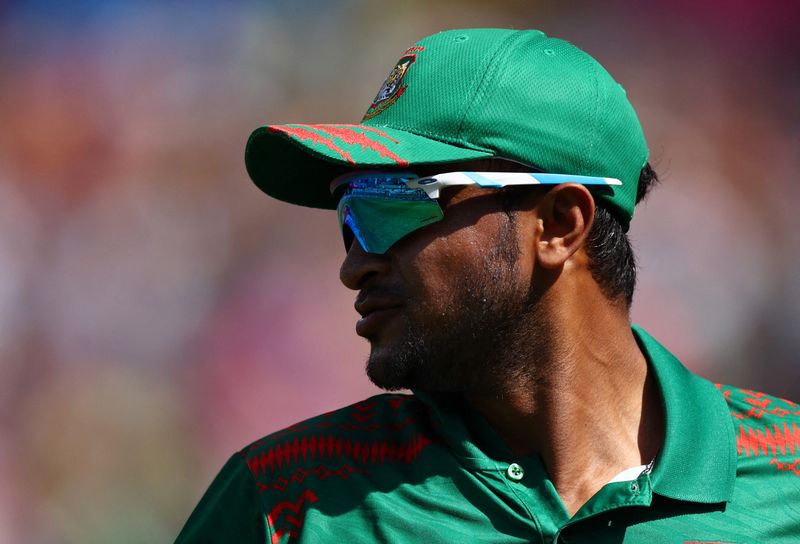 FILE PHOTO: Cricket - ICC Cricket World Cup 2023 - England v Bangladesh - Himachal Pradesh Cricket Association Stadium, Dharamsala, India - October 10, 2023 Bangladesh's Shakib Al Hasan during the match REUTERS/Andrew Boyers/ File Photo