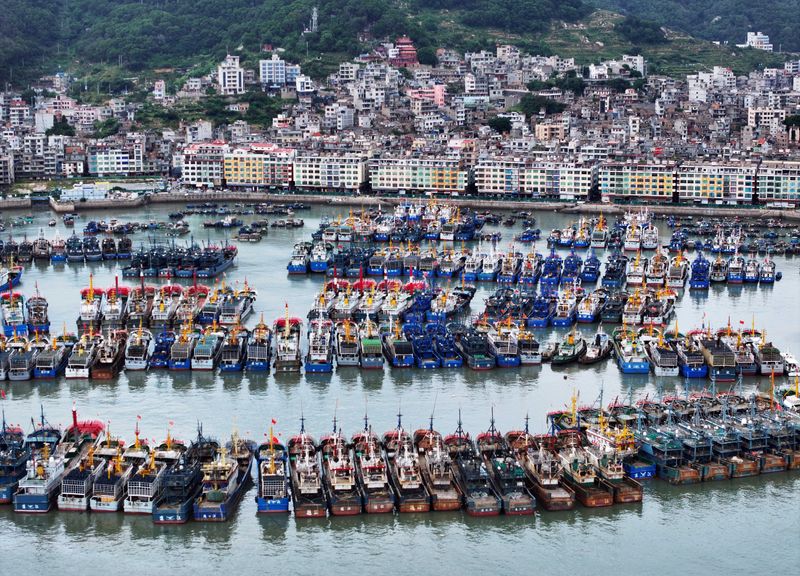 A drone view shows various vessels moored at the Huangqi National Central Fishing Port, as Typhoon Dolphin approaches, in Huangqi town of Lianjiang, Fuzhou, Fujian province, China August 8, 2026. cnsphoto via REUTERS