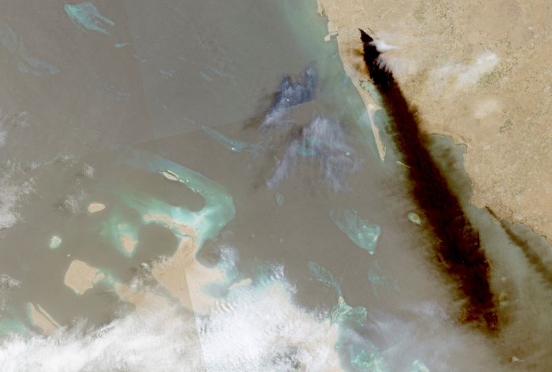 FILE PHOTO: A composite satellite image shows trail of smoke rising from an oil facility, in Jizan, Jazan province, Saudi Arabia, July 26, 2026. European Union/Copernicus Sentinel-2/Handout via REUTERS/File Photo