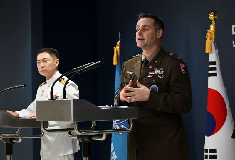 Col. Jang Do-young public affairs director of South Korea's Joint Chiefs of Staff and Col. Ryan Donald public affairs director of the United Nations Command (UNC), Combined Forces Command (CFC), and United States Forces Korea (USFK) attend the press briefing for the Ulchi Freedom Shield 2026 exercise at the Defense Ministry on August 10, 2026 in Seoul, South Korea. Song Kyung-Seok/Pool via REUTERS
