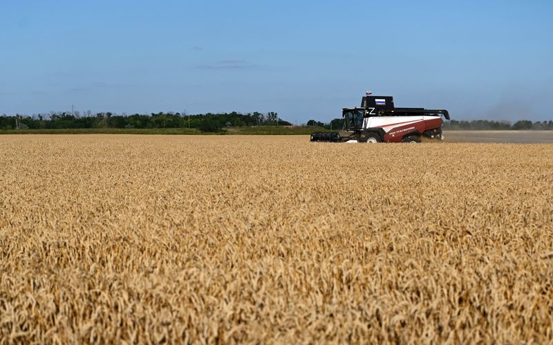 A combine harvests wheat in a field in the Rostov Region, Russia July 18, 2026. REUTERS/Sergey Pivovarov