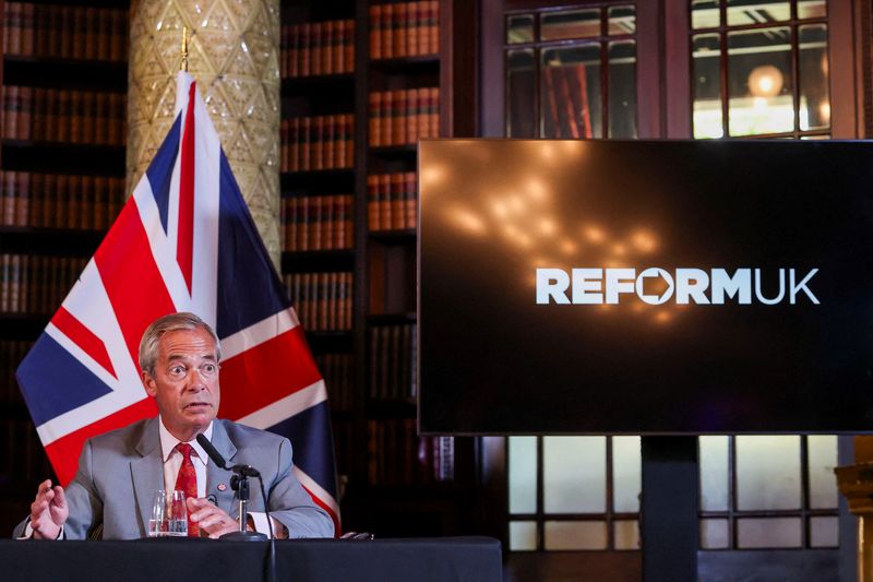 FILE PHOTO: Britain's Reform UK party leader Nigel Farage attends a press conference in London, Britain, August 10, 2026. REUTERS/Toby Melville/File Photo