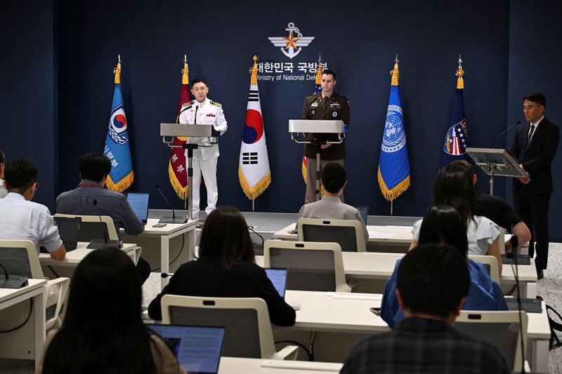 Col. Jang Do-young public affairs director of South Korea's Joint Chiefs of Staff and Col. Ryan Donald public affairs director of the United Nations Command (UNC), Combined Forces Command (CFC), and United States Forces Korea (USFK) attend the press briefing for the Ulchi Freedom Shield 2026 exercise at the Defense Ministry on August 10, 2026 in Seoul, South Korea. Song Kyung-Seok/Pool via REUTERS