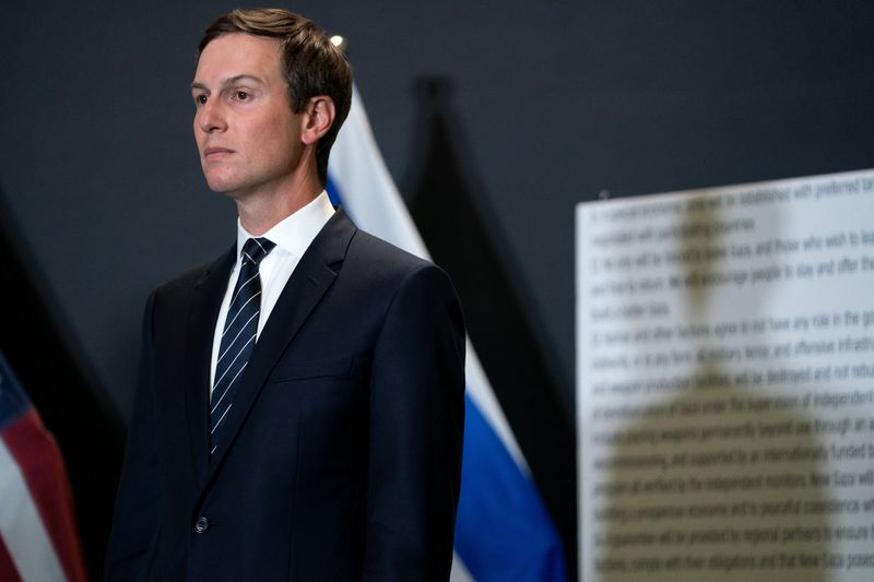 Jared Kushner listens as U.S. Vice President JD Vance speaks during a press conference following a military briefing at the Civilian Military Coordination Center in southern Israel on Tuesday, Oct. 21, 2025. Nathan Howard/Pool via REUTERS
