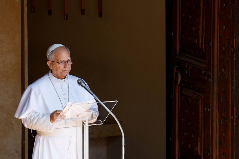 Pope Leo leads the Angelus prayer in Piazza della Liberta in Castel Gandolfo, near Rome, Italy, August 16, 2026. REUTERS/Remo Casilli